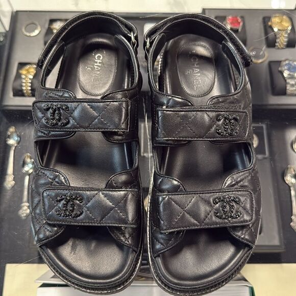 Authentic! BLACK Chanel Quilted Leather Dad Sandals box & dust covers SIZE 38C - Picture 2 of 10